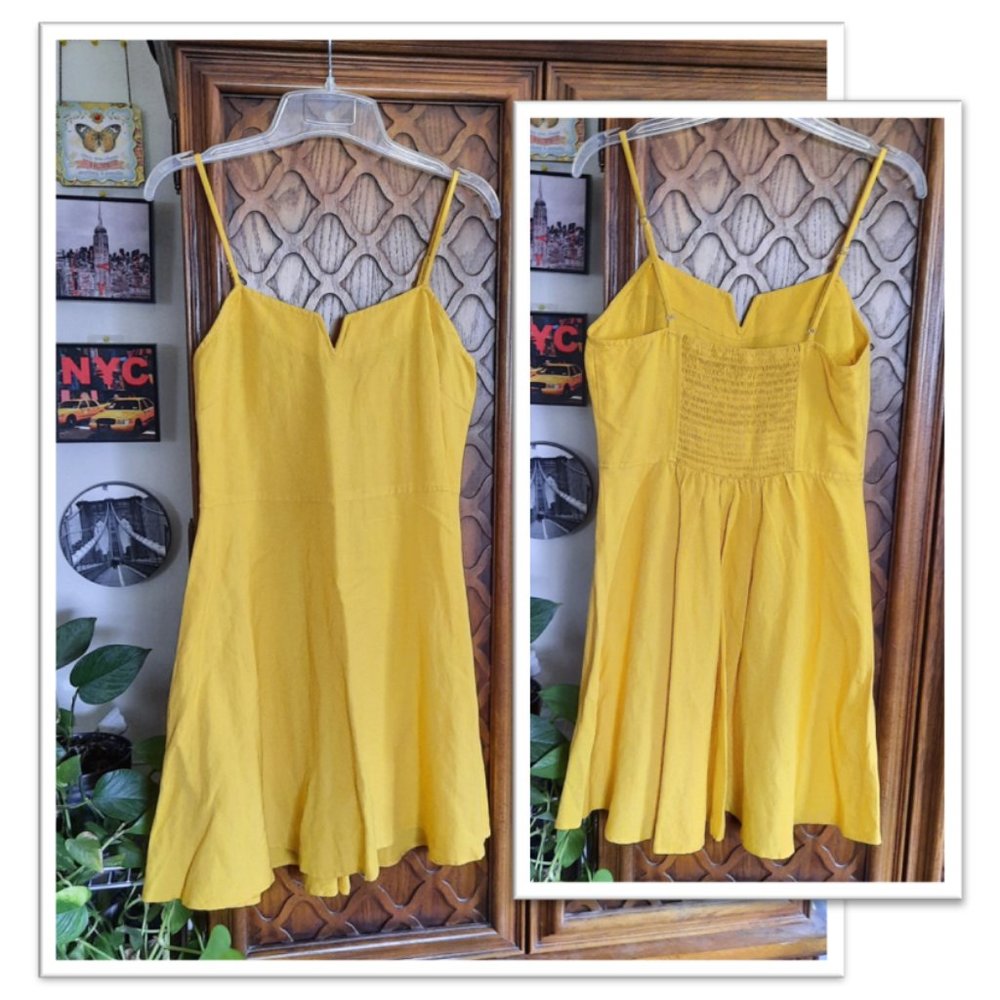 EXPRESS Fit and Flare Cami Linen Dress - Yellow, Size S